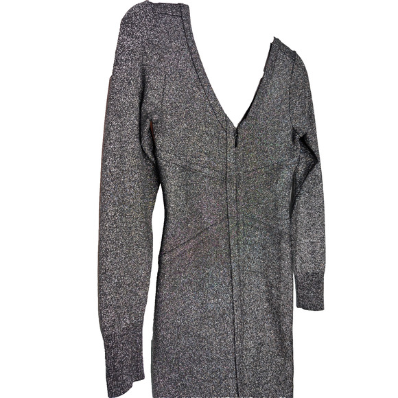 VTG Y2K Bebe Bandage Baddie Glam Black Silver Metallic Shimmer Zipper Dress Med - Picture 2 of 9